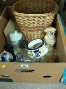 Cased modern snooker cue and a mixed box of vintage china and glassware etc