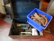 Vintage metal trunk containing quantity of electrical hand tools etc and a blue tub of webbing and