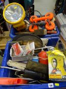 Two blue plastic tubs of garage items including large torch, block tackle, grease gun, paint sprayer