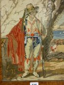 Burr walnut framed tapestry panel of a Continental man at arms, draped in a red robe, 39 x 32.5