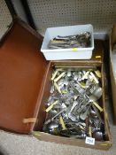 Old suitcase with large quantity of flatware, a tub of flatware and cased sets