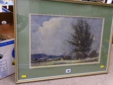 Unsigned pastel study - cattle beneath a tree, 30 x 47 cms