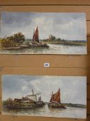 Two unframed canal scenes with figures and boats, 26 x 55 cms