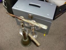 Pair of EP candlesticks, vintage brass hand bell, metal document lidded box etc