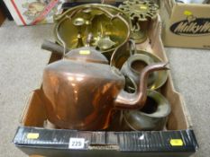 Box of metalware including copper kettle, jam pan etc