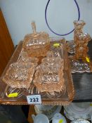Rose coloured glass dressing table set