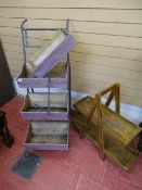 Metal framed stand with four wooden plant boxes and a two tier wooden planter stand