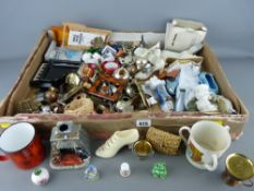 Large box of various collectables, doll's house metalware, china figurines, W H Goss tyg etc
