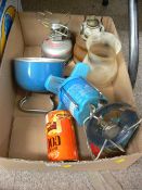 Two camping gas stoves and a kettle, a vintage oil lamp etc