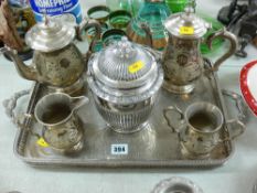 Two handled gallery tray, an EPBM biscuit barrel and a modern four piece EPNS teaset