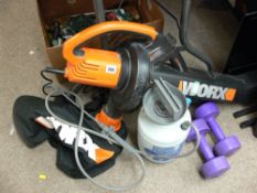 Electric Worx brand leaf blower, a Hozelock pump sprayer and a pair of fitness dumb bells
