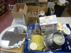 Parcel of kitchen items including chopping boards etc and a decorative wall mirror