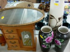 Stoneware pottery vase and two others, vintage gilt brass wall mirror and a modern jewellery box