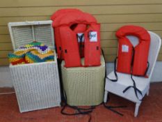 Three items of loom furniture, quantity of life jackets and linen to include a crochet blanket