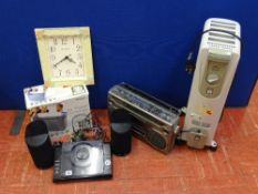 Box of vintage wireless radio, modern Onn CD player, paper shredder, small Delonghi Dragon oil