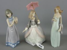 Three Lladro porcelain figurines of young girls, one with parasol