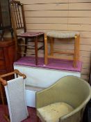 Two loom ottomans, chair, two string topped stools and a single bedroom chair