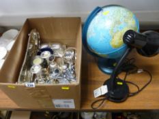 Box of electroplate, tabletop globe etc