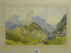 MAURICE KENT watercolour - mountainscape with grazing sheep, signed and dated 1975, 25 x 41 cms