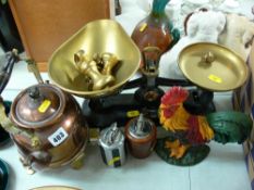 Set of Librasco cast iron and brass vintage type kitchen scales, a copper and brass kettle, two