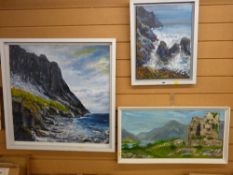 English School oil on board - dramatic rocky coastal scenes, 58 x 58 cms, oil on canvas - rocky