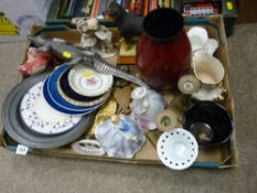Box of mixed porcelain, pewter plate, Royal Copenhagen plate