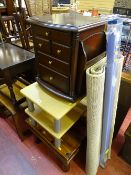 Square rustic style dark wood coffee table, a two tier coffee table, a multi-drawer magazine rack,