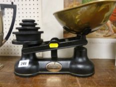 Vintage style set of Salters scales with graduated weights and brass tray