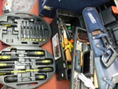 Plastic cantilever toolbox with contents, Draper hand saw set and a Workzone screwdriver set