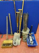 Small quantity of garden hand tools, drain rods, cased 1.5 ton trolley jack, drill bits etc