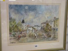 DORIS E CRICHTON mixed media - Deganwy street scene with Deganwy Castle and figures in the car park,