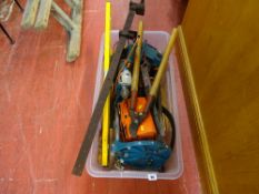 Plastic tub of various Black & Decker power hand tools, drill stand, spirit levels, sash clamp etc