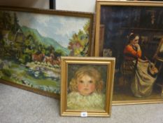 Oil on board - head portrait of a little girl, 24.5 x 20 cms, a framed classical print and a