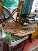 Teak octagonal garden table, folding director's style chairs, parasol etc