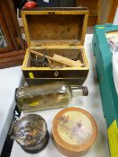 Tea caddy, vintage ship in bottle and treen boxes etc
