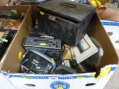 Box of mixed photographic and radio items and a wooden box with British bronze coinage etc