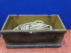 Vintage pine box (no lid) with quantity of heavy gauge rope