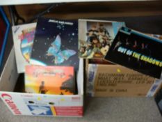Two boxes of vintage LP records to include Barclay James Harvest, Vangelis, The Shadows, Charlie
