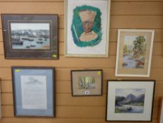 Oil on board - portrait of a Nepalese? soldier with bayonet, watercolour - river scene, small