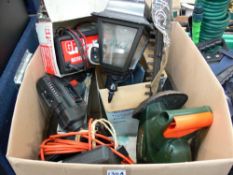Box of Black & Decker hedge trimmer, Black & Decker BD562 power drill, GP4 battery charger, footpump