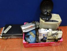Box of small electrics including portable CD, paper shredder, calculator, Sky Plus HD box, DVD