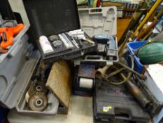 Large metal wheel brace, Makita circular saw, bench top Charnwood W407 disc and belt sander, cased