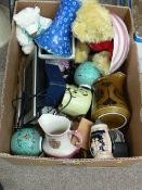 Mixed box of household crockery and soft toys etc