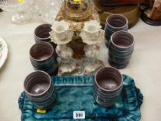 Six stoneware beakers, pottery tray, pair of Capodimonte style candlesticks etc