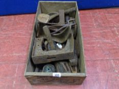 Vintage wooden Fray Bentos Corned Beef box with a quantity of cobbler's tools