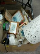 Box of framed pictures and prints, playing cards, old tools etc