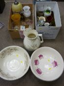 Three boxes of mixed porcelain and household items including lustre table lamp, wash set, carriage