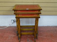 Reproduction nest of three tables with leather tooled tops