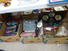 Three boxes of hard and softback books, anglepoise reading lamp and a H & H lighting controller