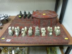 Excellent carved effect composite chess board with pieces and box